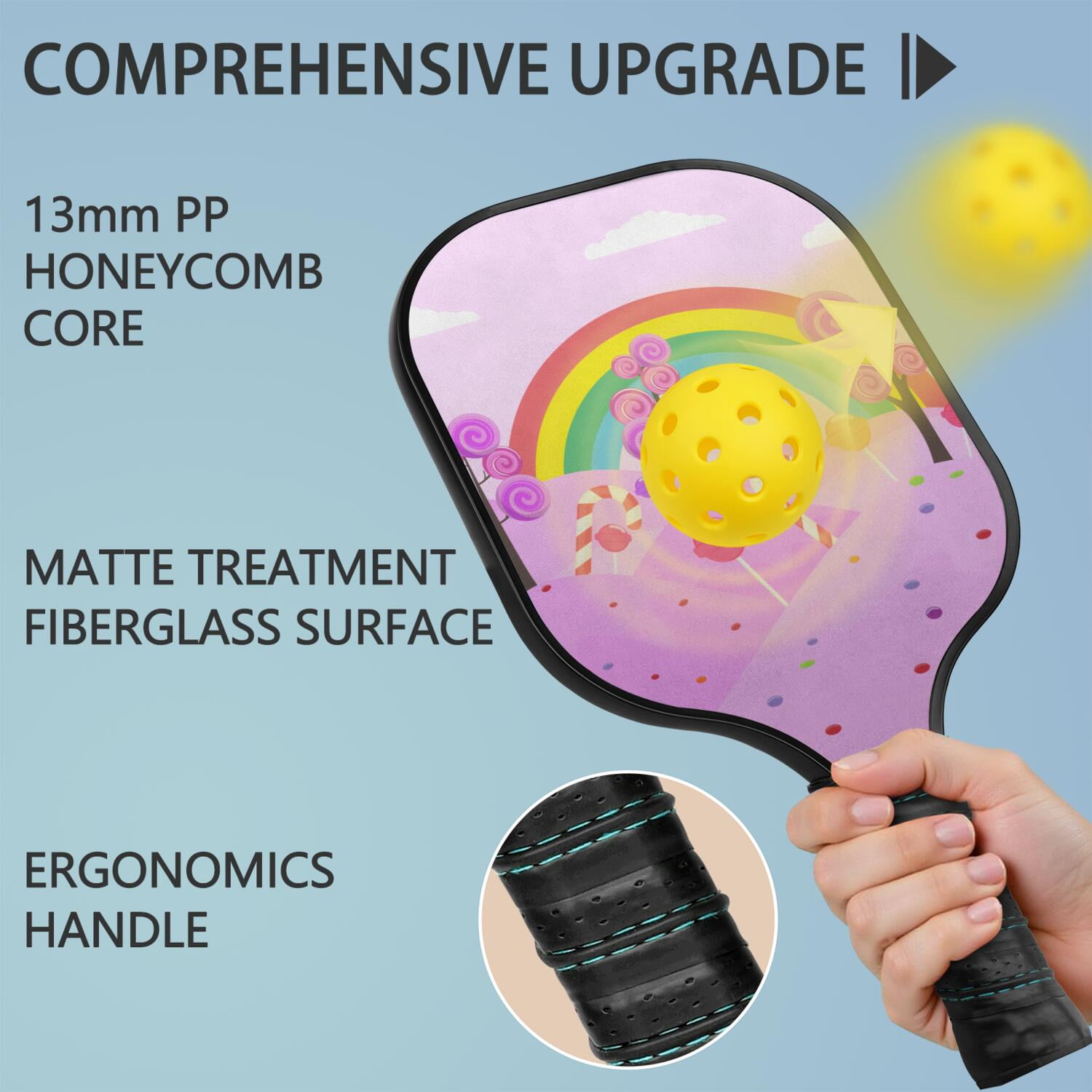 Pickleball Paddles Set Of 2, Fiberglass Surface, Sweet Candy Print, 4 Balls & Bag