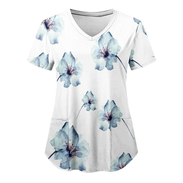 DPTALR Women's Short Sleeve V-Neck Tops Working Uniform Printing Pocket Blouse Tops