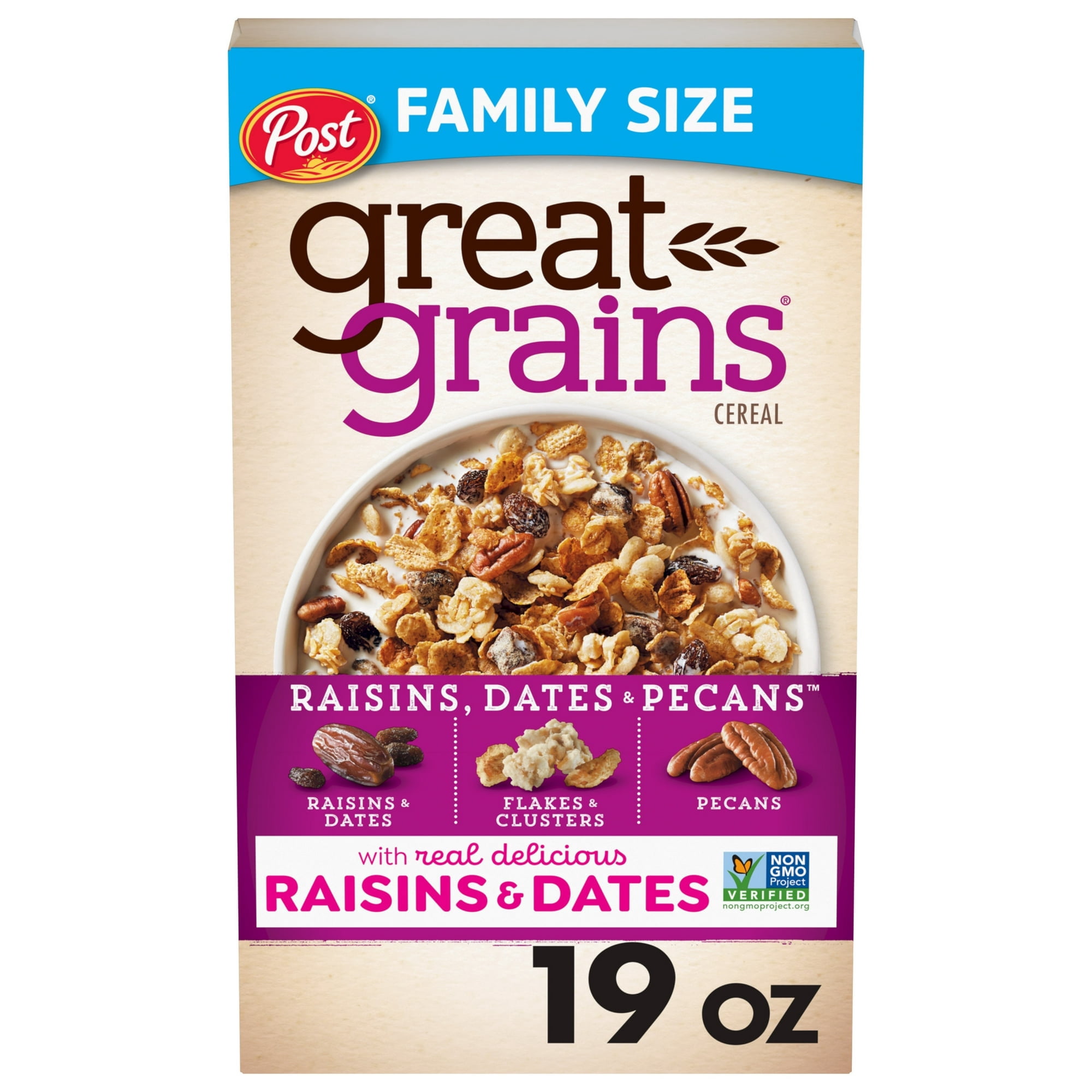 Post Great Grains Raisins, Dates & Pecans Cereal, Non GMO, Heart Healthy, Low Fat, Whole Grain, Crunchy 19oz (Pack 4)