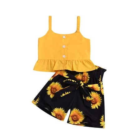 

Morttic Toddler Girls Summer Short Set Halter Ruffle Top+Sunflower Shorts Summer Clothes 2 PCS Outfit (Yellow 3T)