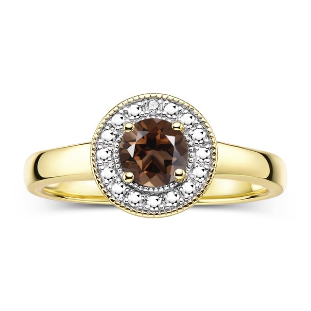 RYLOS Bagues pour Femmes Bague Halo en Or Jaune 14K avec Pierre Précieuse Ronde de 4 mm et Diamants Bijou en Quartz Fumé Taille 9