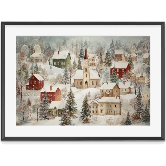 Christmas Winter Town Poster, Snowy Winter Village Print, Vintage Scene Holiday, Matte Canvas Stretched, Posters for Room Bedroom Living Room Bathroom Wall Decor, Posters & Art Prints, Gift.