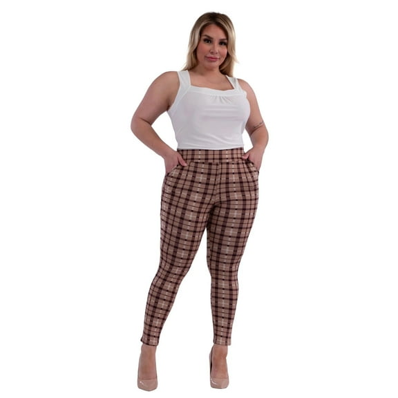 Plus Size Tummy Control Sculpting Treggings - Brown Plaid