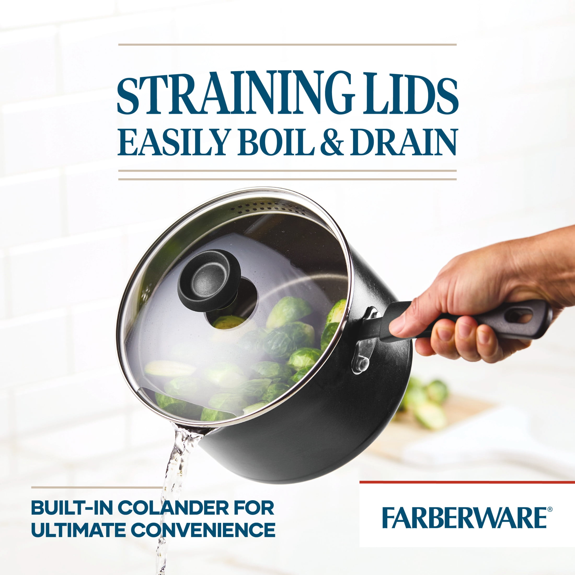 Farberware Easy Clean 3 qt Nonstick Straining Saucepan with Pouring Spout, Lid, Dishwasher Safe, Black