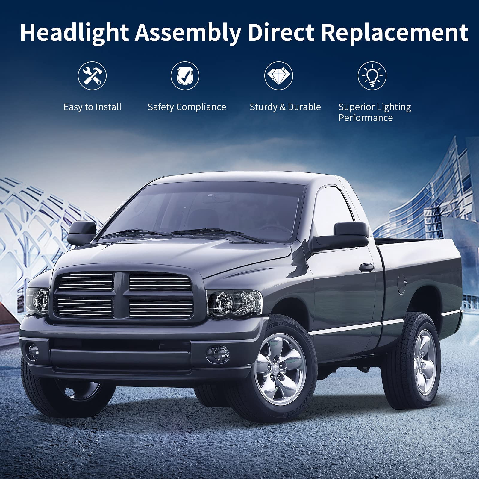 RVNI Pair Headlights For 2002-2005 Dodge Ram 1500 2500 3500 Black Housing Headlamps