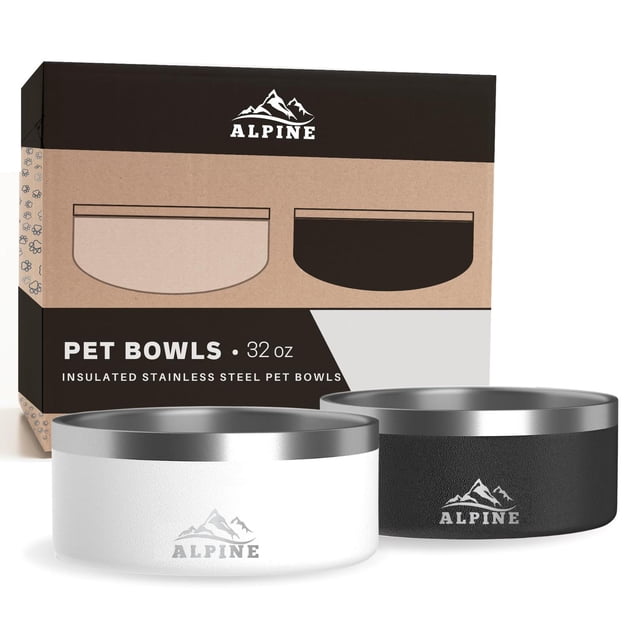 Tazón de Acero Inoxidable ALPINE Negro Blanco Antideslizante para Perros 32 Onzas Paquete de 2