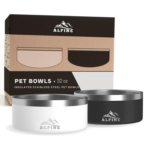 Tazón de Acero Inoxidable ALPINE Negro Blanco Antideslizante para Perros 32 Onzas Paquete de 2