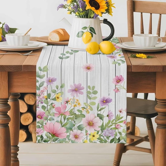 Table Runner 90 Inches Long, Spring Flower Leaf Pastoral Theme Linen Table Runners Dresser Scarf Runner for Bedroom Kitchen Home Party Dining Tables Decor Rustic Retro Wood Board