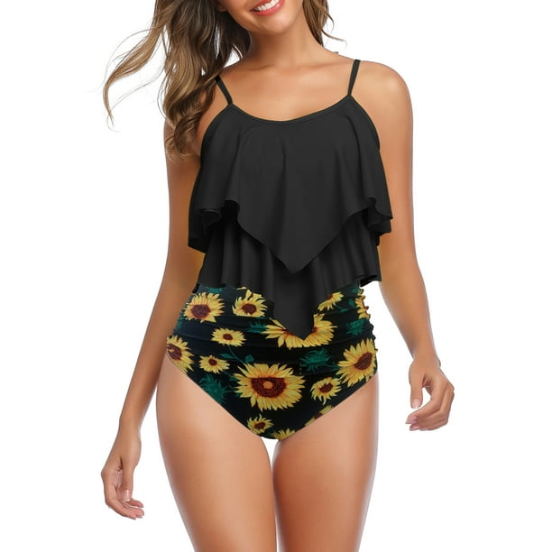 Lucakuins Traje de baño Switmsuit Bikini Set para mujer Trajes de baño de una pieza Top Ruffled Racerback con parte inferior de talle alto Tankini Set Lucakuins moda