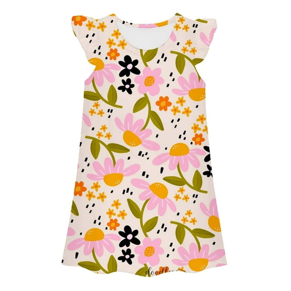 shoper 5t Nightgowns for Girls Crew Neck Cartoon Print Ruffled Sleeve Fashion Cotton Pajamas Comfortable Toddler Girls' Nightwear Sleepwear Rose Gold 120