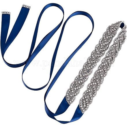 Polyester Bridal Belts Glass Crystal Rhinestone Belts with Brass Finding for Wedding Dress Marine Blue 106-1/4 inch(2.7m)