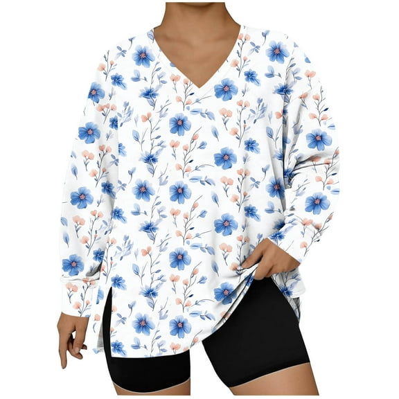Fashion Women's Plus Size Print Hem Slit Long Sleeved V-Neck Pullover Fashionable Top