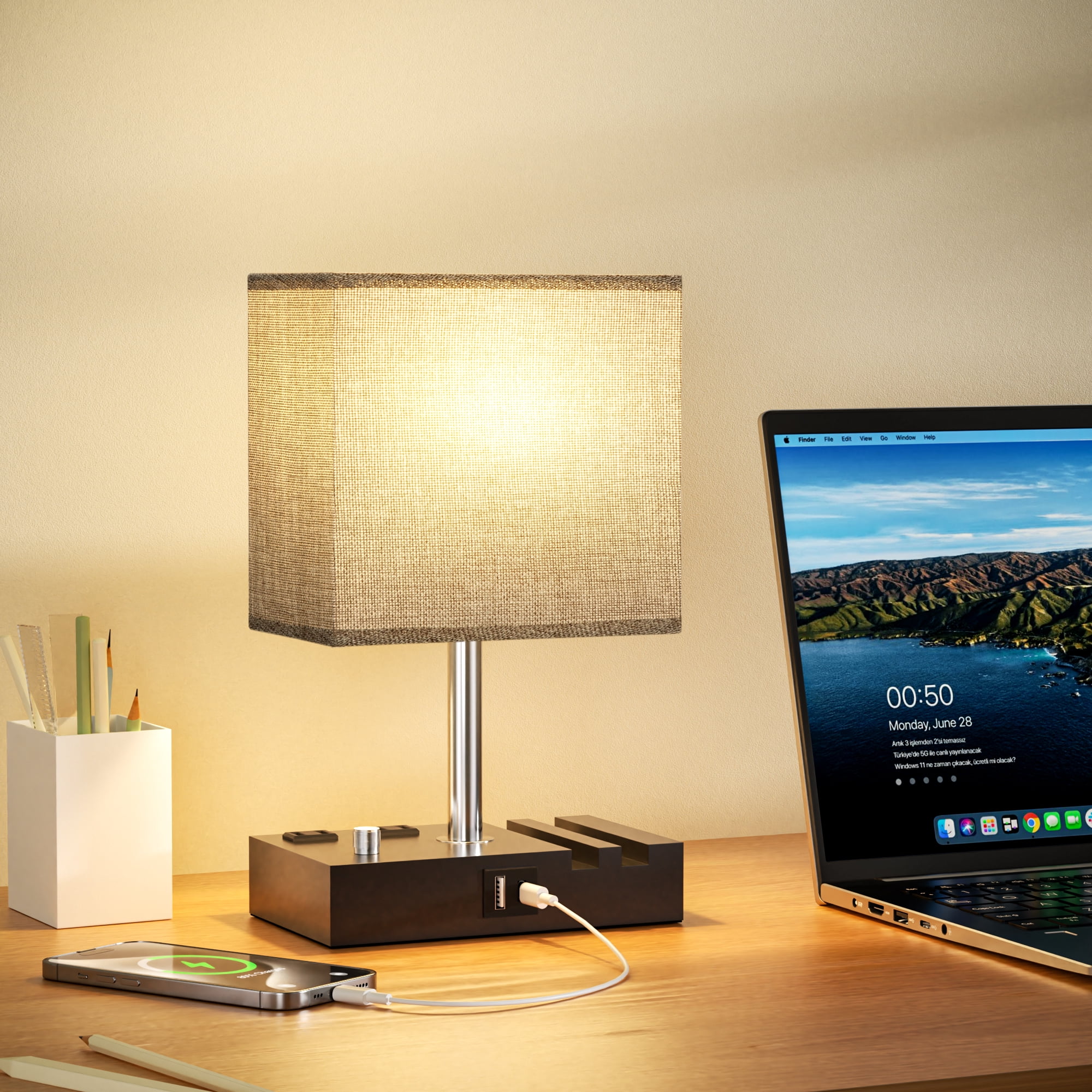 NiteLoom 16.3" Bedside Table Lamp with USB A+C Ports & 2 AC Outlets, Dimmable Nightstand Light for Bedroom, Living Room, Dorm, Office