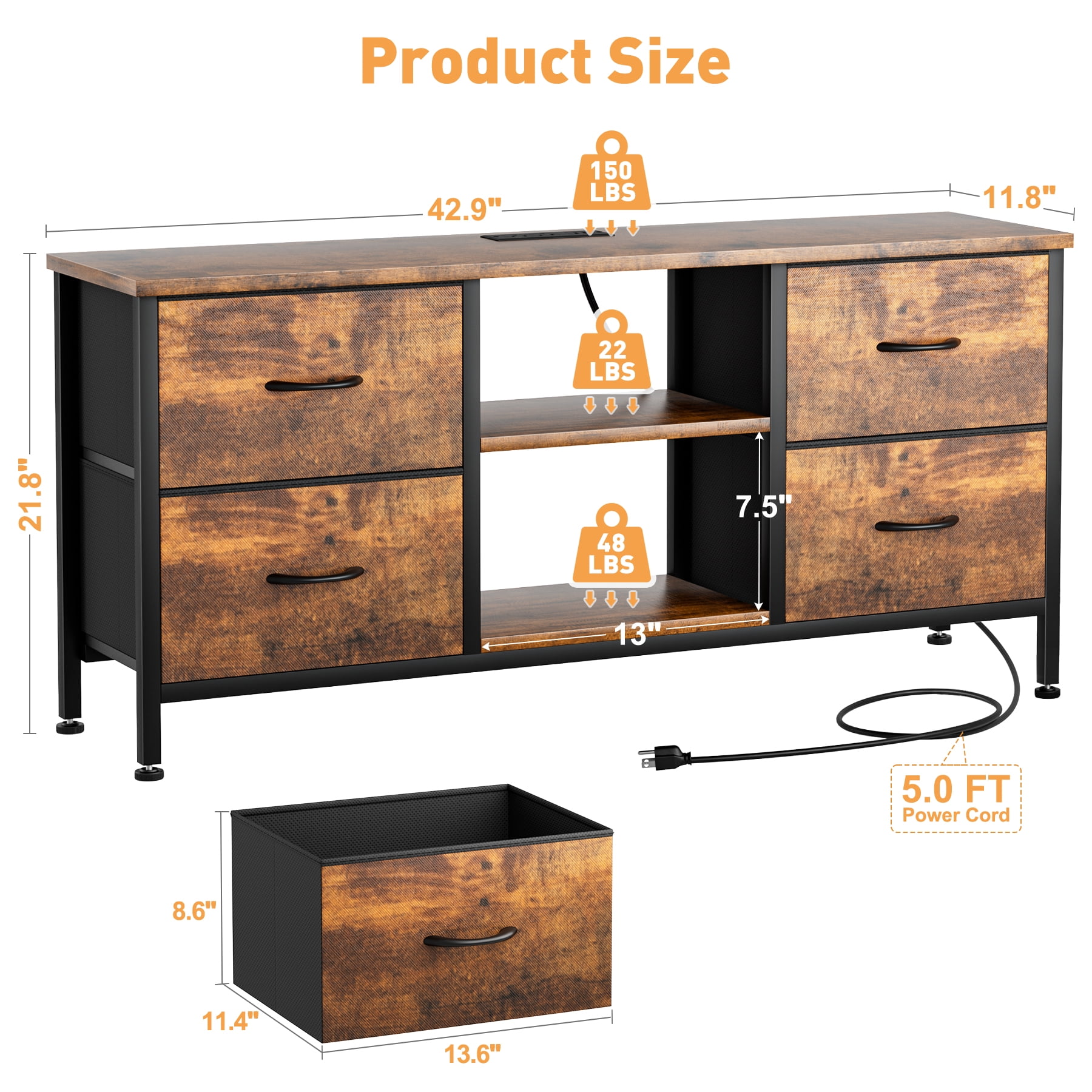 GIKPAL 4 Drawer Dresser TV Stand, Dressers for Bedroom Up to 50" TV Stand Chest of Drawers, Brown