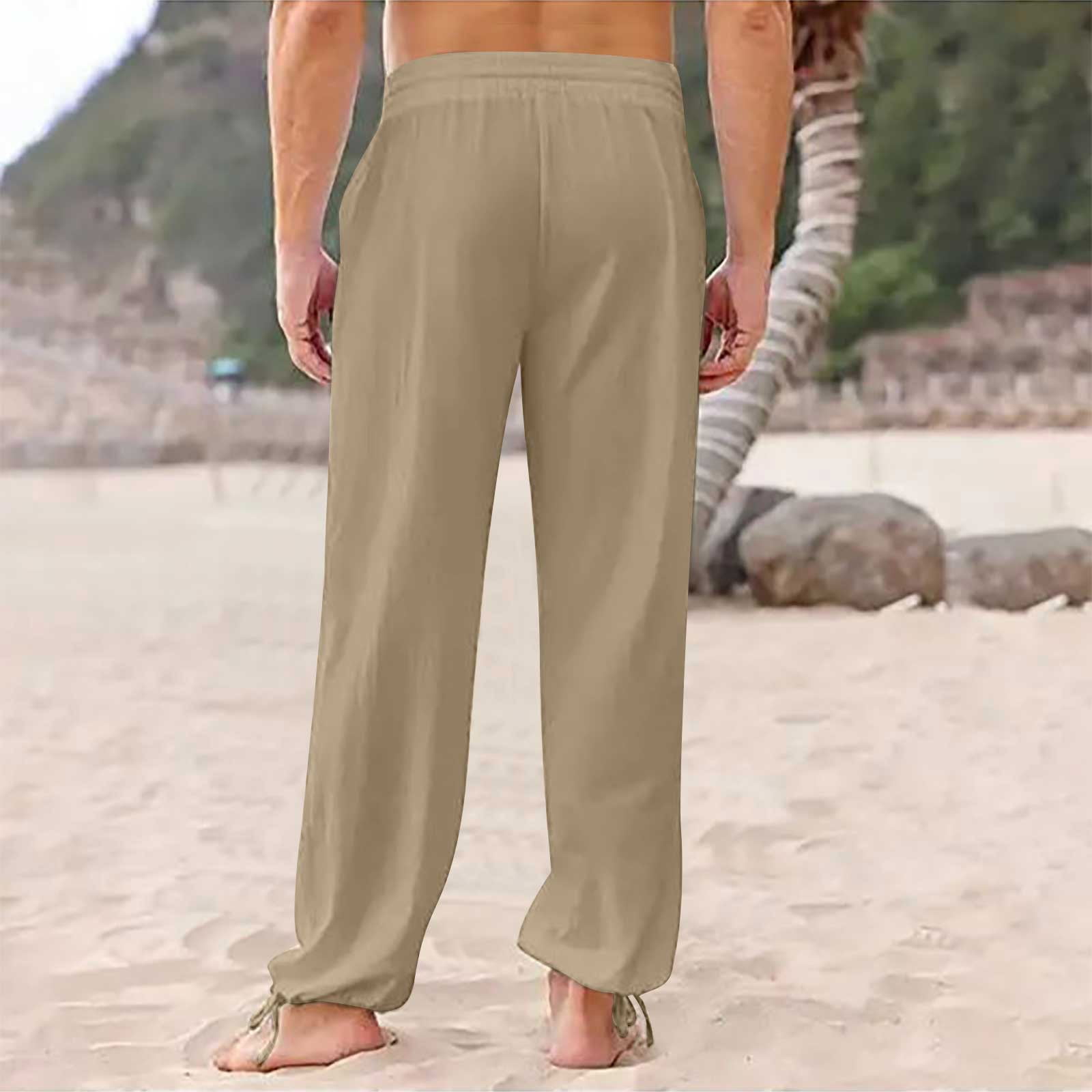 Njoeus Linen Pants Men Plus Pants Men Solid Casual Elastic Waistband Pocket  Cotton Linen Panel Trousers Pants Casual Summer On Clearance 