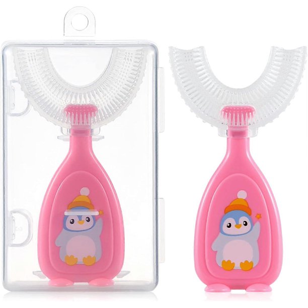 Children's U-shaped toothbrush (with case), Children's baby toddler U-shaped toothbrush, 360 oral cleaning teeth whitening - Pink