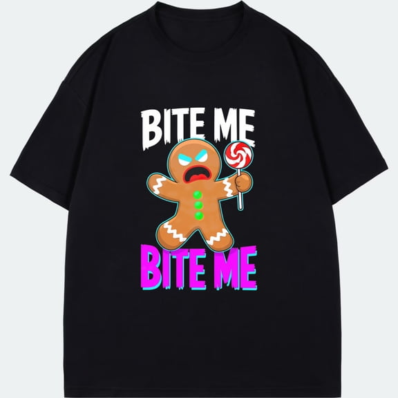 Crewneck T Shirt Black Gingerbread Man With Lollipop And Bite Me Text Christmas Holiday Party Wear