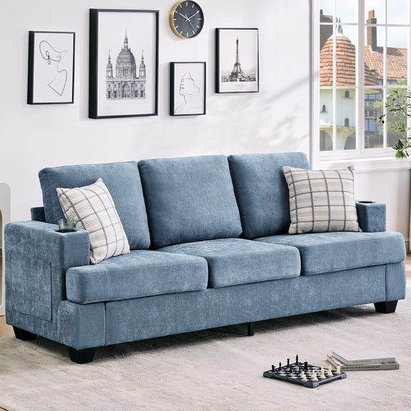 Modern 89 in 3-Seater Sofa for Living Room, Comfy Couches with Deep Seat, Chenille Couch with Cup Holders and Side Storage Pockets for Apartment Lounge, Blue