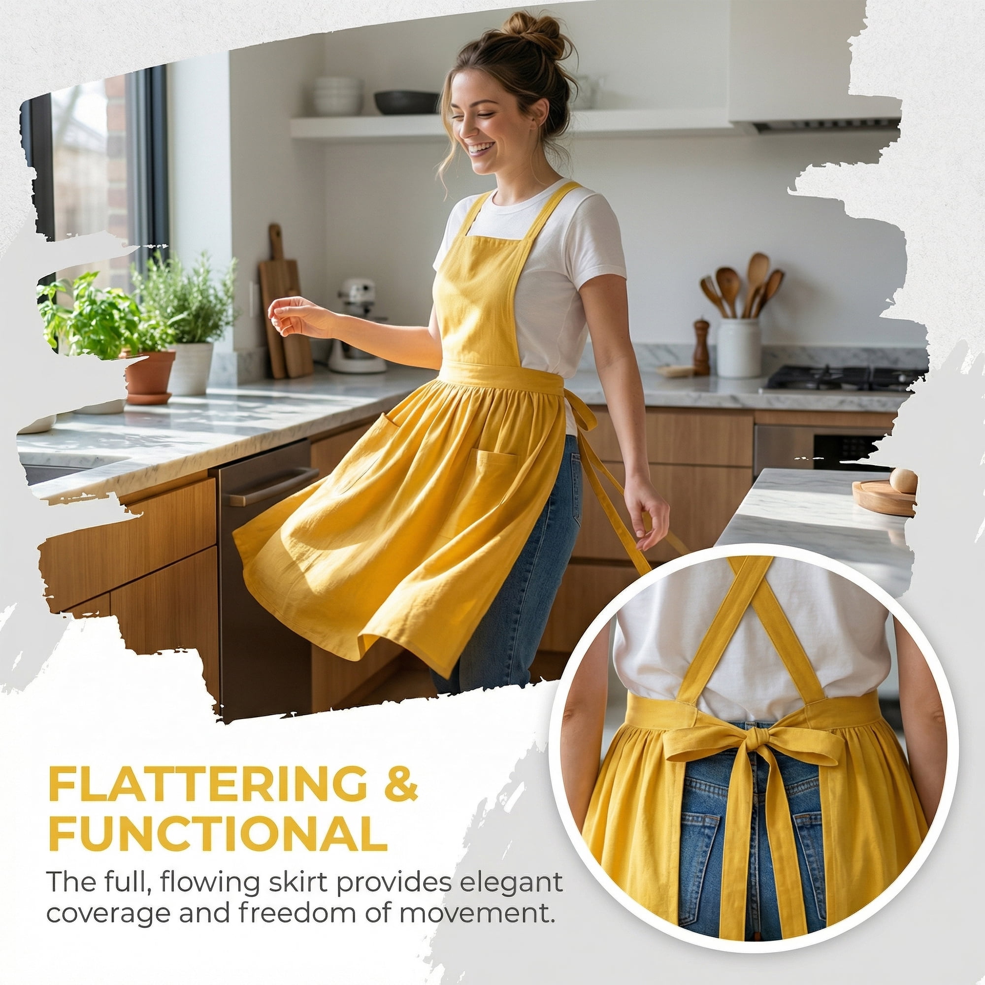 Unique Bargains Kitchen Apron Long Waist Cooking Apron 37.4x50.4in Sunflower Yellow