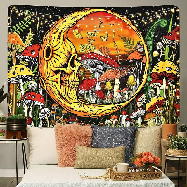 Tapiz de setas, tapiz de luna, tapiz de esqueleto, tapices de plantas de calavera, tapiz de caracol y mariposa, tapiz para colgar en la pared para habitación (73x 95cm)