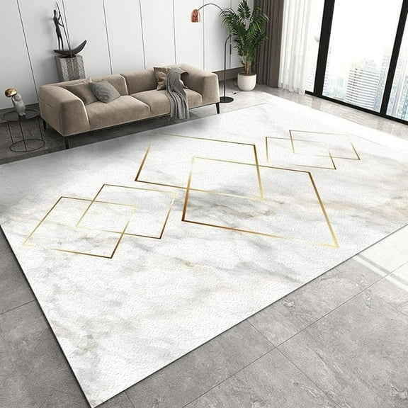 White Marble Texture Area Rug, Golden Lines Geometric Art Easy Clean Rug, Soft Non-Skid Carpet Throw Rugs For Kids Teen Girls Boys Bedroom Living Room Bathroom Office 5x8ft