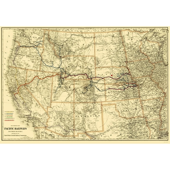 Railroad Map - Pacific Railways - Colton 1887 - 23 x 33.27 - Vintage Wall Art
