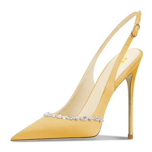FSJ Women Classic Sparkling Rhinestone Pointed Closed Toe Slingback Slip On Stilettos High Heels Pumps Buckle Wedding Dressy Shoes Size 8 Yellow