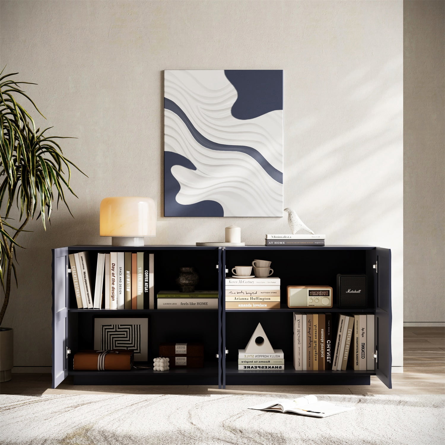Hommoo 59" Mid Century Modern Sideboard Buffet Cabinet, Accent Storage Sideboard with 4 Doors, Wooden Buffet Cabinet Pantry Cabinet, Media Cabinet, Console Cabinet, Cabinet for Home, Navy