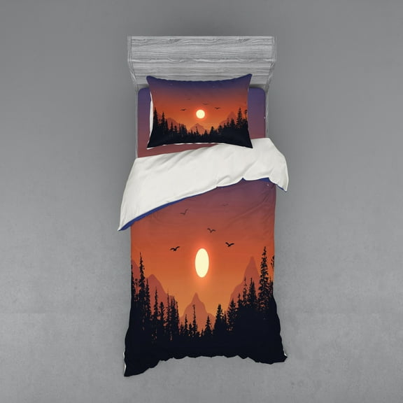 Landscape Duvet Cover Set, Gradient Sunset on Forest Mountains, Bedding Set with Shams and Fitted Sheet, 3 Sizes, by Ambesonne