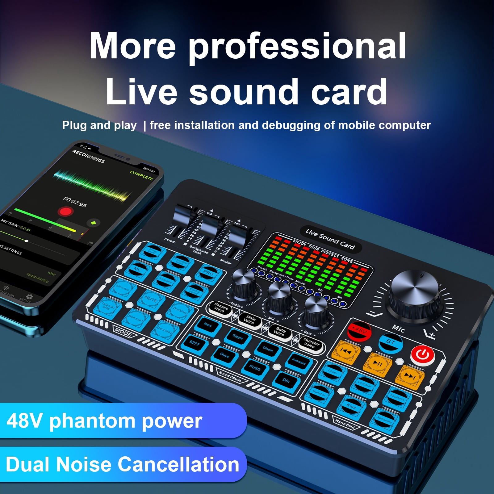 2Pcs Live Sound Card Interface Q6S with DJ Mixer Effects and Voice Changer Bluetooth Stereo