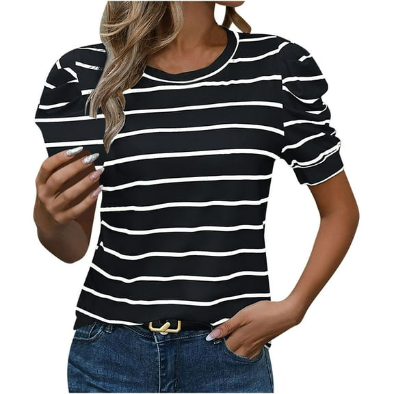 Rezuofi 2 Pcs Women's Short Puff Sleeve Knit Tops 2025 Trendy Crewneck Striped T Shirts Casual Summer Blouses