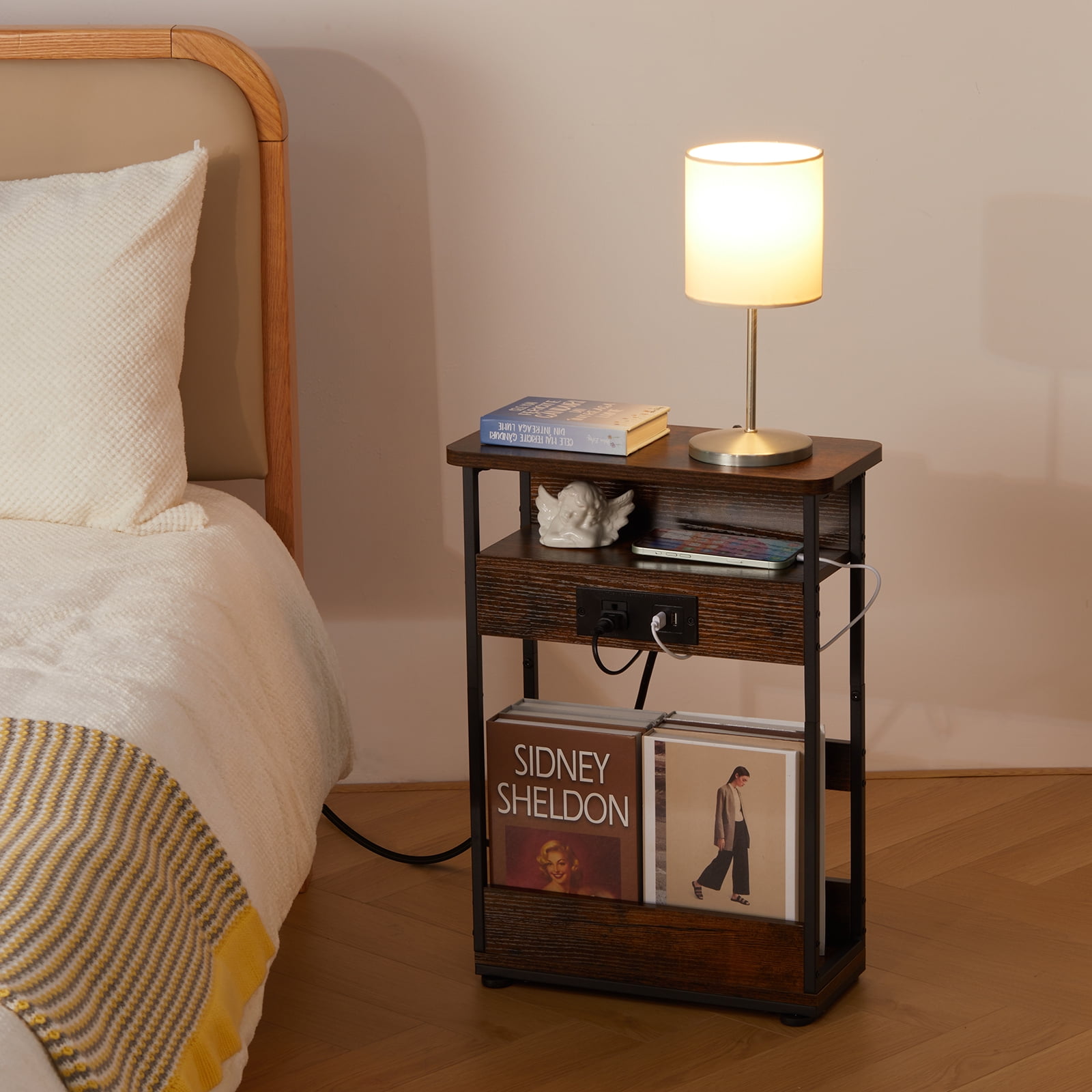 ZEXVIDA Narrow Side Table with Charging Station, 3 Tier Slim End Table with Storage Shelf for Small Spaces, 21.6 Inch Height Thin Tables Small Nightstand Magazine Rack for Living Room,Brown