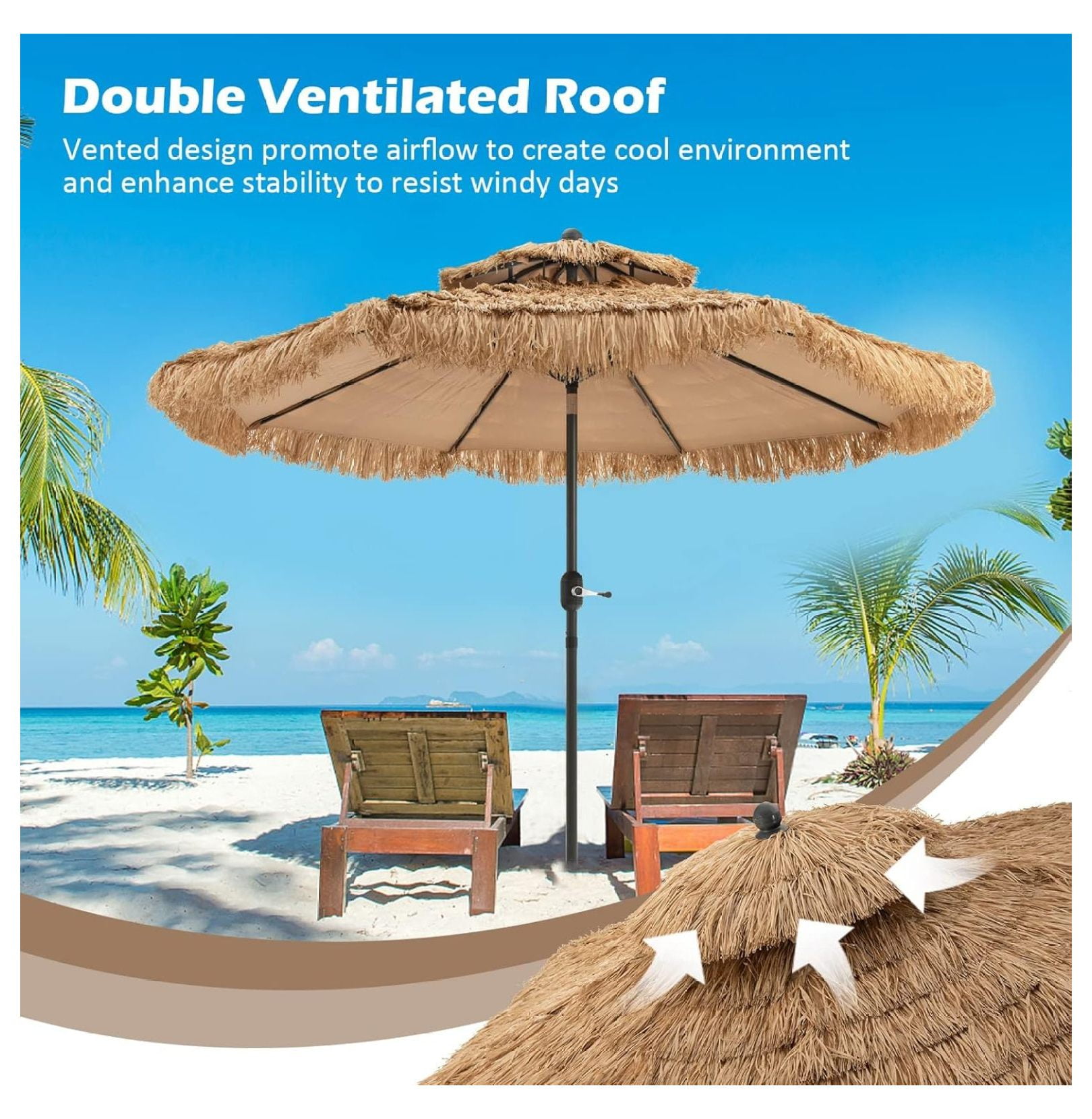 9FT Thatched Tiki Patio Umbrella - 2-Tier Hawaiian Hula Style Beach Umbrella w/8 Ribs, Tilt Adjustment & Crank Lift, Straw Grass Pool Umbrellas, Tropical Palapa Tiki Umbrella Outdoor Patio