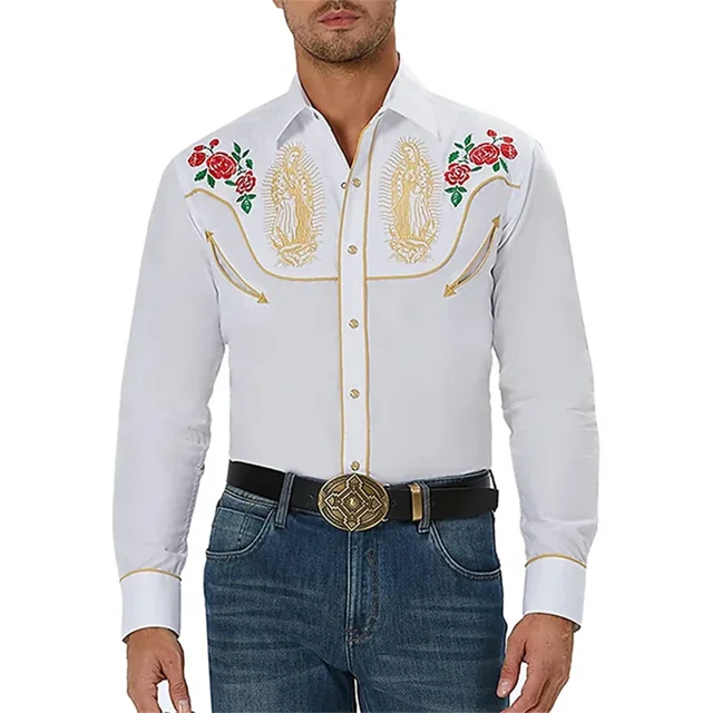 Camisa estilo occidental con estampado de flores, solapa, ropa de calle para exteriores, manga larga, estampado de botones, diseñador de moda tropical