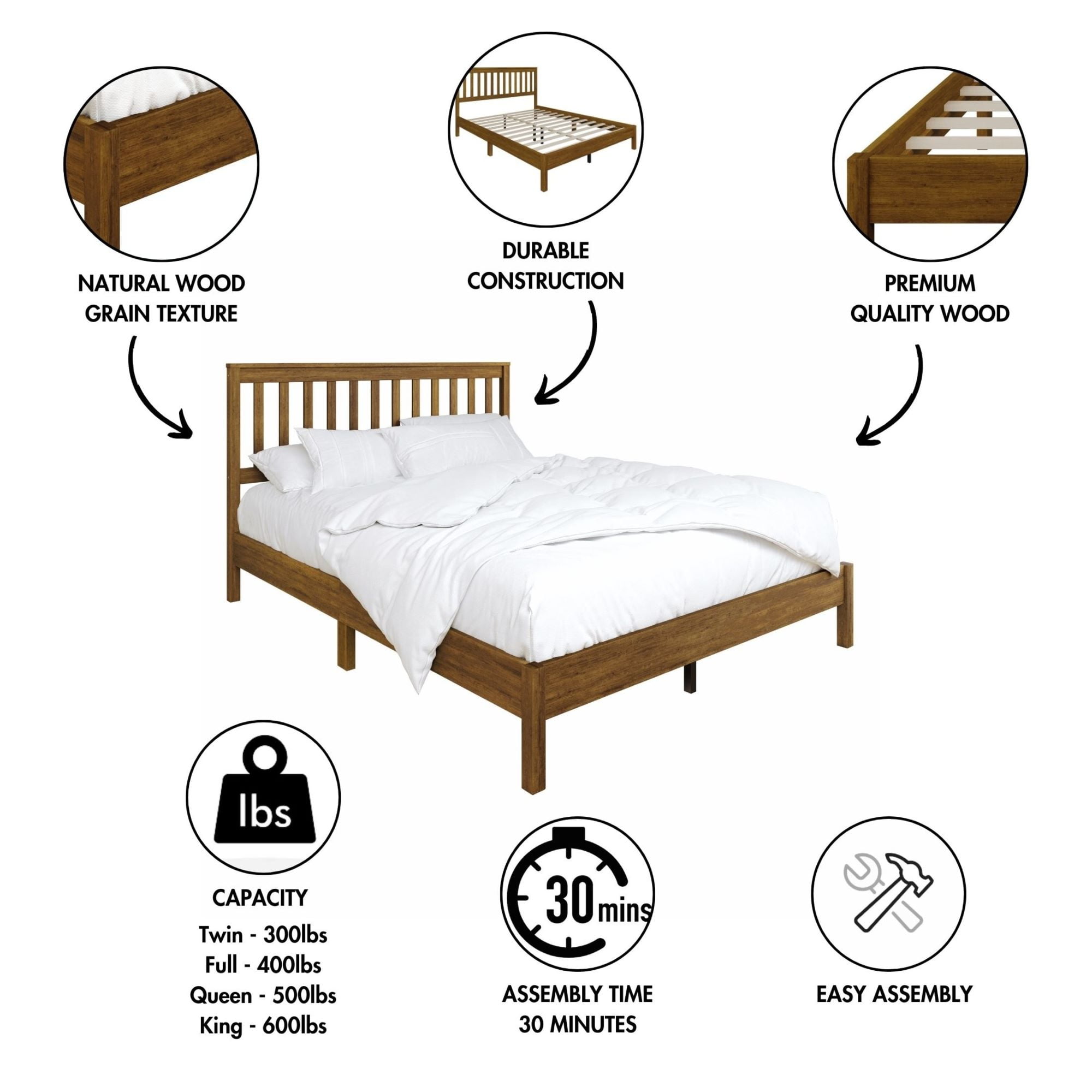 Home Design Fresno Full Wood Platform Bed Frame with Open Slat Panel Headboard, Brown, Easy Assembly
