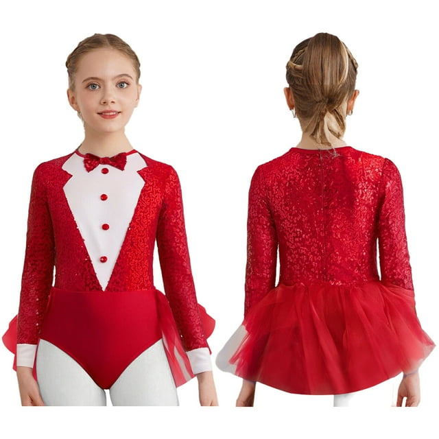 YiZYiF Robe Tutu à Paillettes pour Filles Tenue de Ballerine Justaucorps de Ballet Brillants Jazz Latin Scène Rouge 16