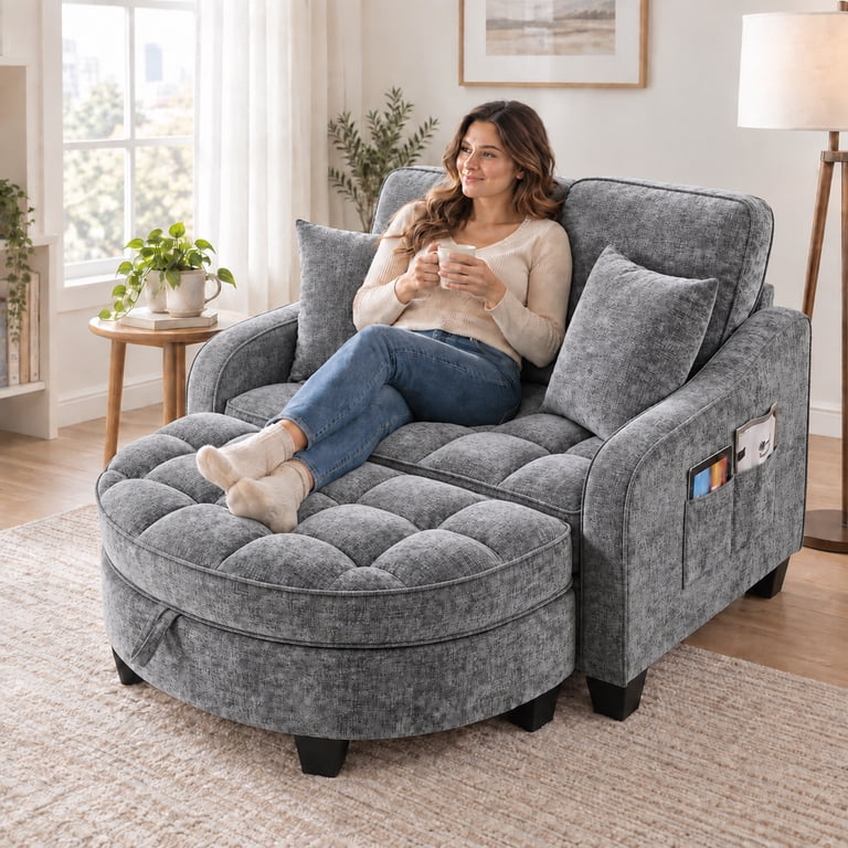 Moonmiss Oversized Chair and A Half, Gray Chenille with Storage Ottoman photo 3