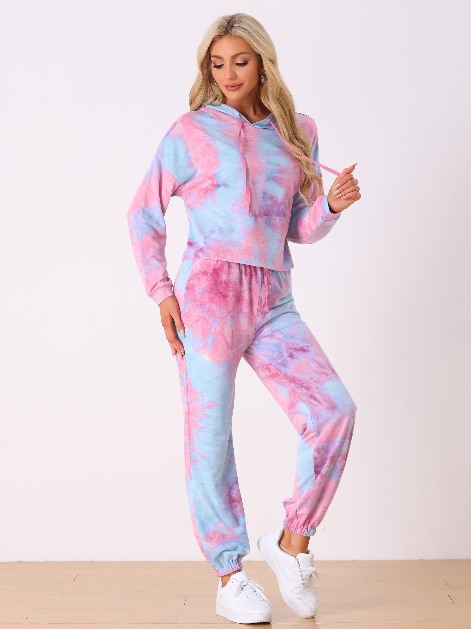 DARING DIVA Women's 2 Piece Tie Dye Hoodie Drawstring Sports Outfit XL Pink Blue