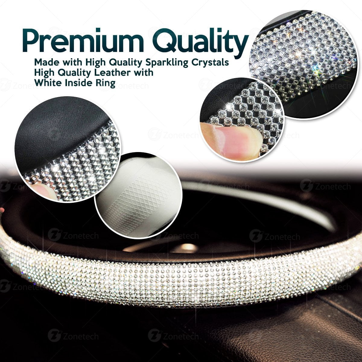 Rhinestone Diamonds Crystal Car Steering Wheel Cover -Zone Tech Shiny Bling Steering Wheel Cover with PU Leather Backing