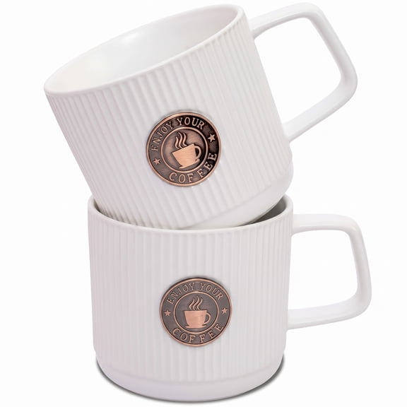 Topadorn Set of 2 Ceramic Mug 13 Oz Nameplate Cups for Latte, Hot Tea, Cappuccino, Cocoa, Office Coffee Mug, White