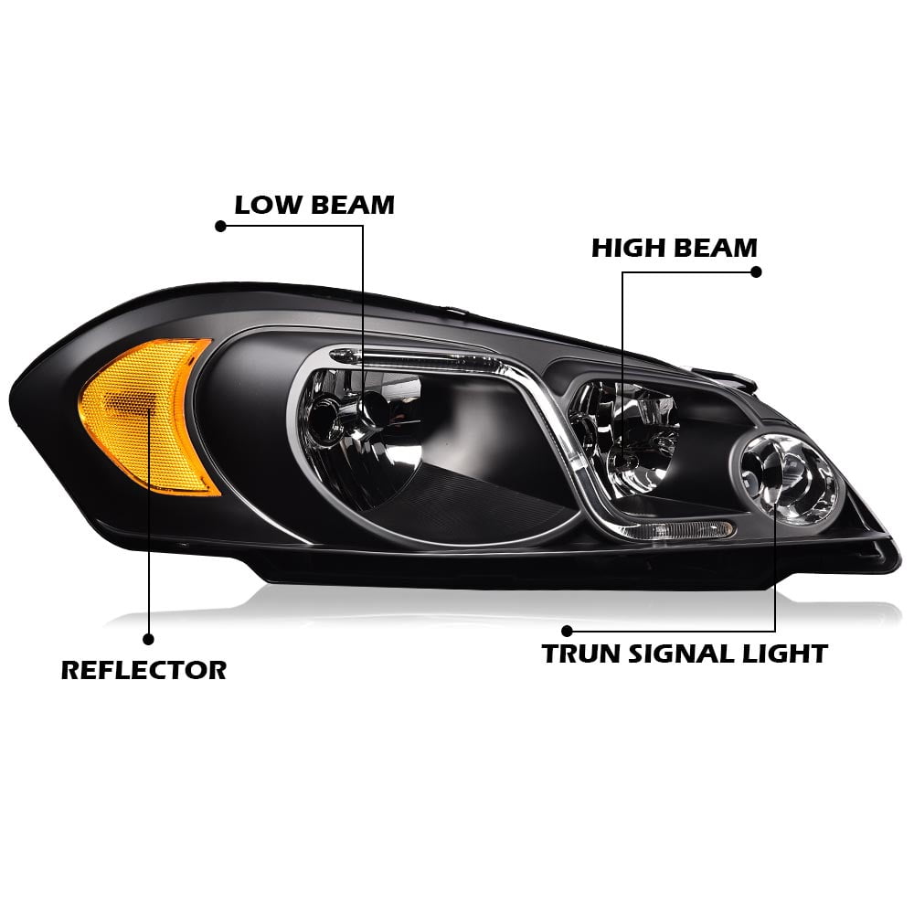 Headlight Clear lens Black Housing Amber Reflector Fit for 06-13 Chevy Impala /14-16 Chevrolet Impala Limited / 06-07 Chevy Monte Carlo