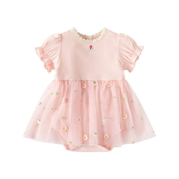 FAIWAD Newborn Baby Girls Romper Dress Short Sleeve Ruffle Ruched Floral Tulle Dress Girl Party Birthday Princess Dresses