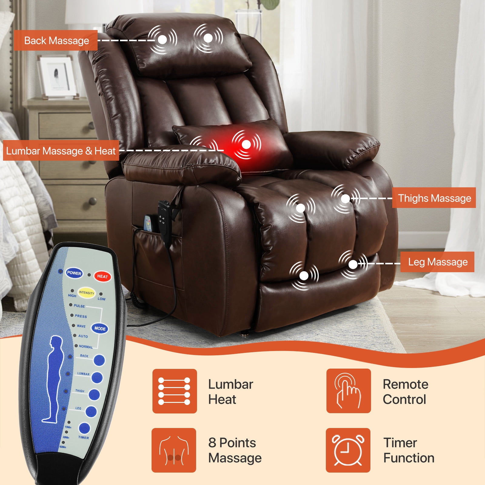 TEKAMON Infinite Position Lift Recliner Chair for Elderly with Heat Massage and Extended Footrest Lay Flat Sleeping Leather Dual Motor Power Lift Chair for Living Room (Brown)