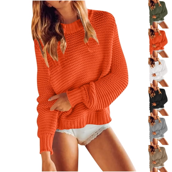 Women's Crew Neck Waffles Knit Pullover Sweaters, Long Sleeve Cable Knit Casual Classic Blouse Sweater Orange L