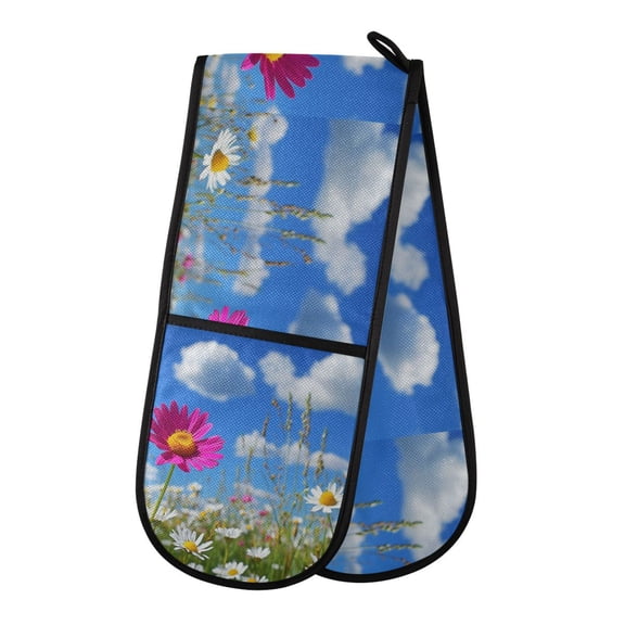 35" x7" Double Oven Mitt Heat Resistant Oven Gloves Withstands Up to 200°C for Kitchen Baking & BBQ Colorful Field Of Wildflowers