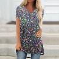 QUNYINEY Silver Blouse for Women Short Sleeve V-Neck Casual Sequin Print Shirts Loose High-Low Tops