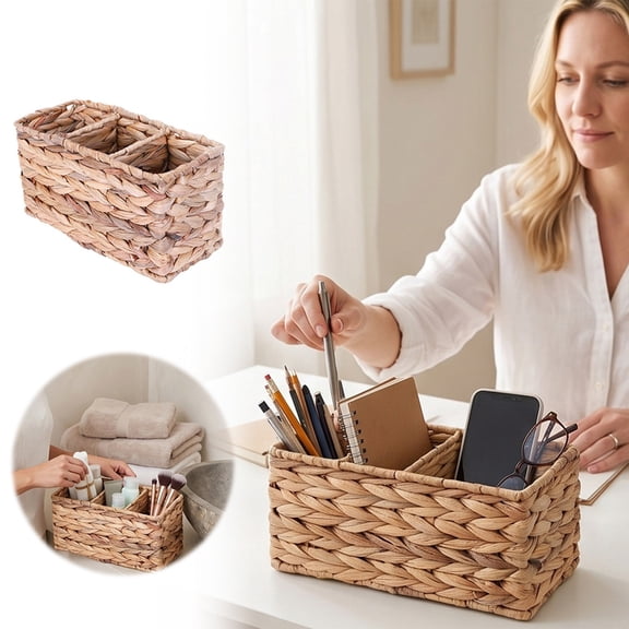 Woven Water Hyacinth Storage Basket Divided Basket with 3-Section Wicker Baskets for Shelves, Handwoven Desk Baskets for Pantry, Coffee Bar, Shelves