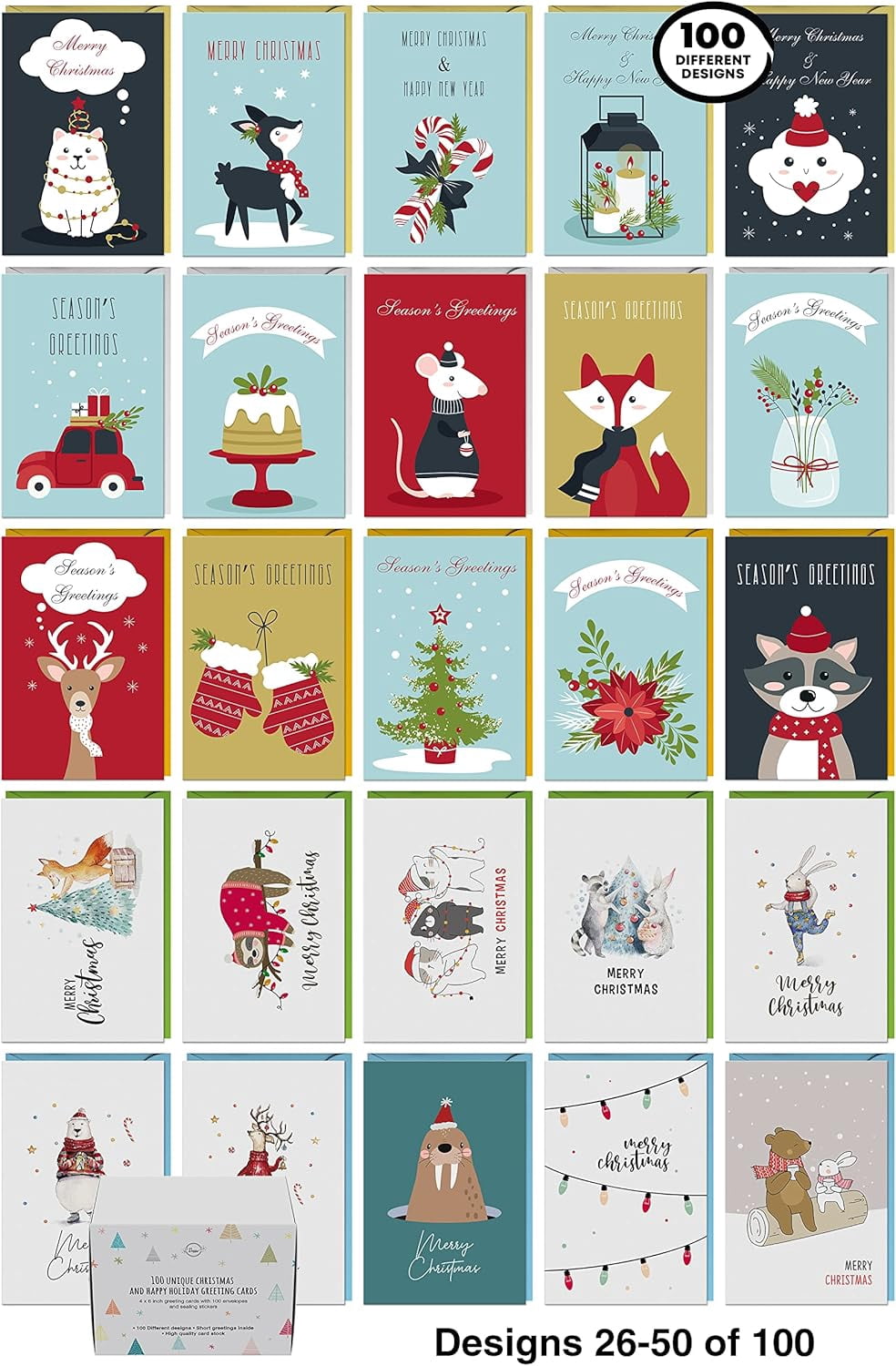 Dessie 100 Unique Modern Christmas Cards with Envelopes and Matching Sealing Stickers. Happy Holiday Cards with Short Greetings Inside. Bulk Christmas Cards Boxed with Envelopes