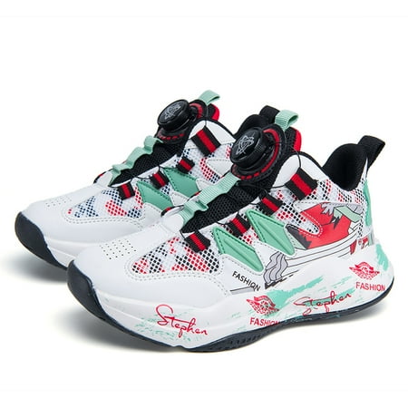 

Boys Casual Basketball Shoe With Graffiti Print Mesh Breathable Non-slip Soft Sole Running Shoes With Rotating Button For Outdoor Sports