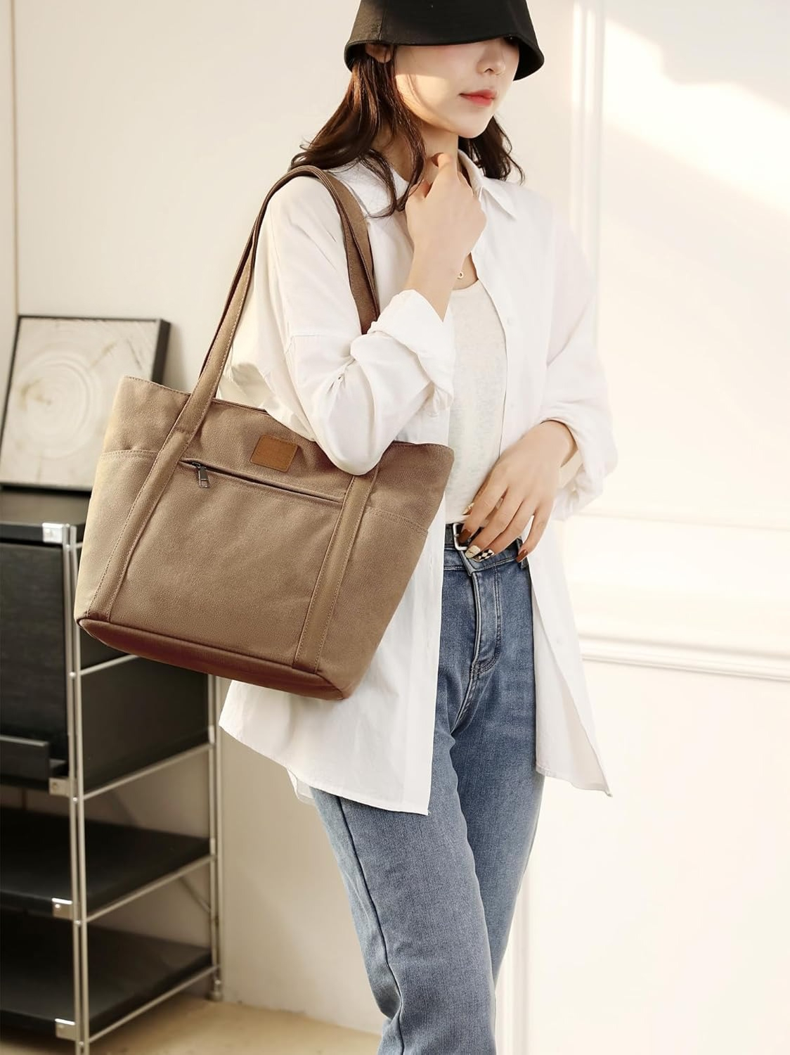 Omlopp Womens Shoulder Handbags Heavy Duty Canvas Work Tote Retro Bucket Bag-Brown